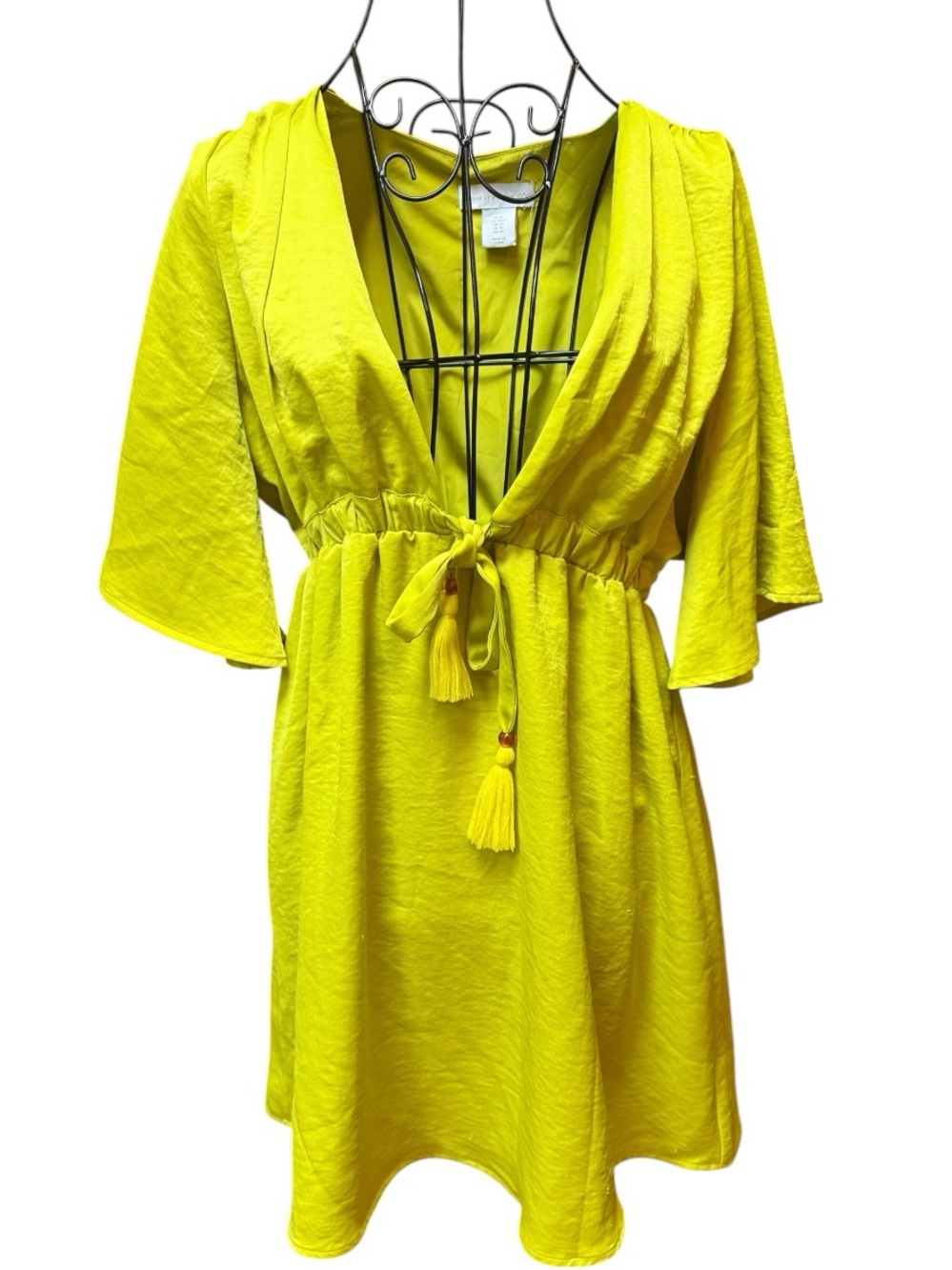 House of Harlow Satin Bright Yellow Tie-Waist Dress with Tassel Detail